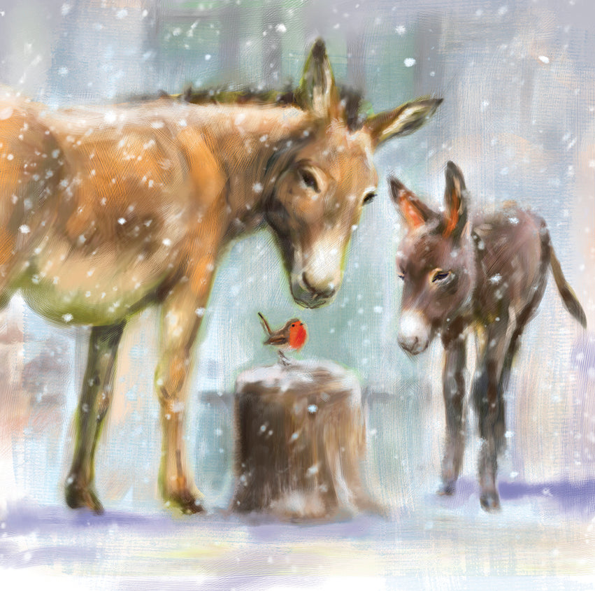 Donkeys with a robin