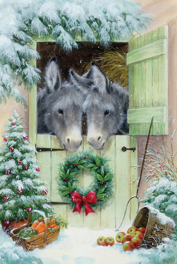 Donkeys in a snowy doorway